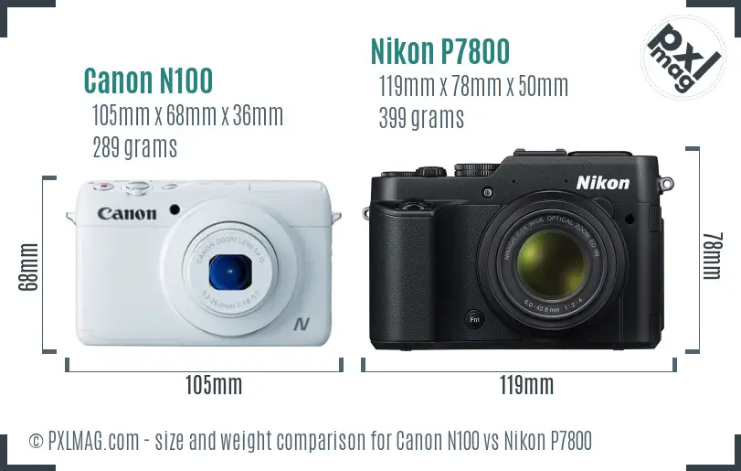Canon N100 vs Nikon P7800 size comparison