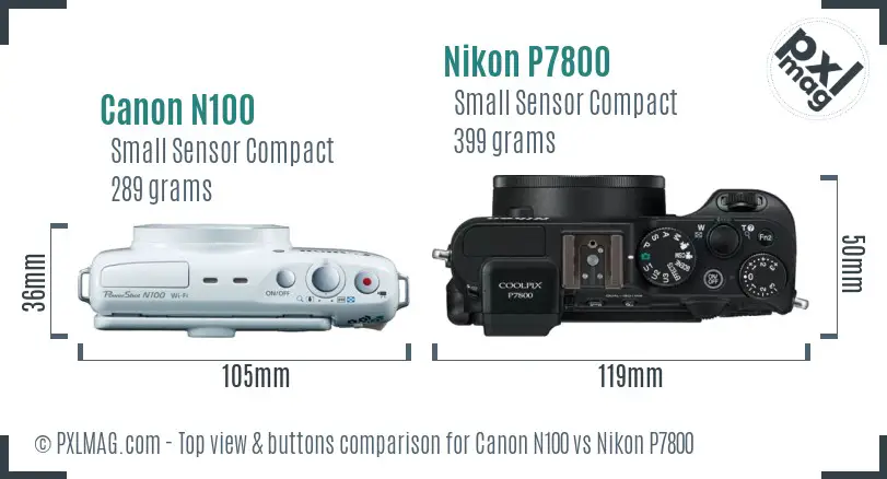 Canon N100 vs Nikon P7800 top view buttons comparison