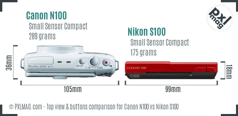 Canon N100 vs Nikon S100 top view buttons comparison