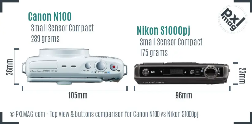 Canon N100 vs Nikon S1000pj top view buttons comparison