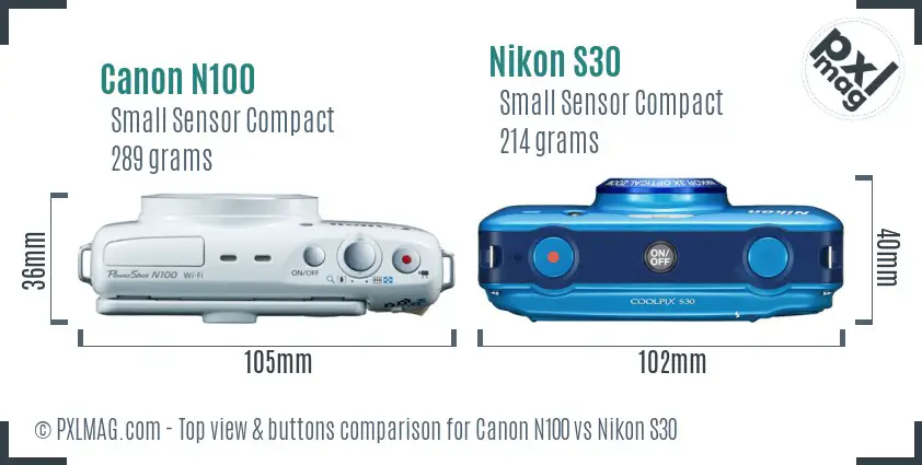 Canon N100 vs Nikon S30 top view buttons comparison