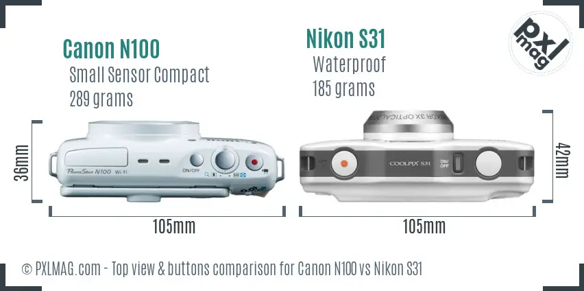 Canon N100 vs Nikon S31 top view buttons comparison