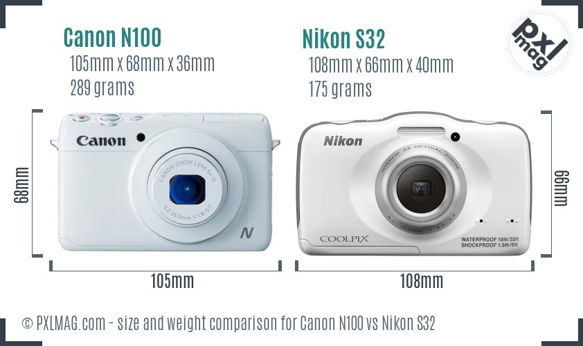 Canon N100 vs Nikon S32 size comparison
