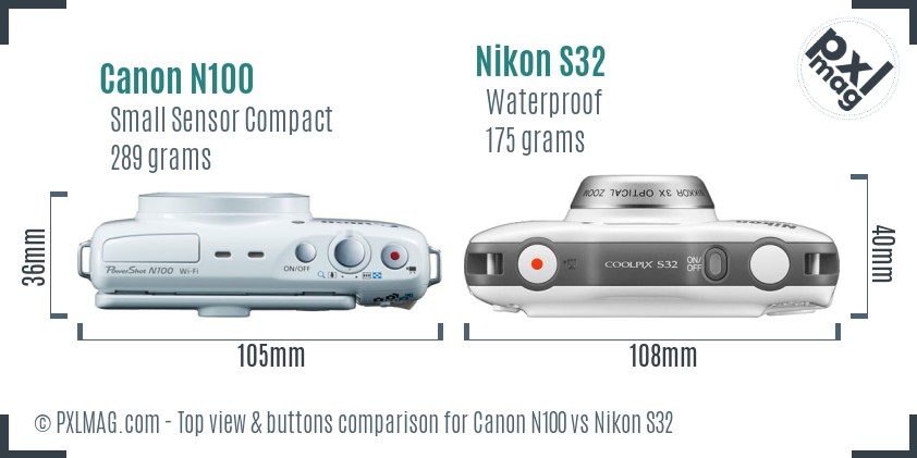 Canon N100 vs Nikon S32 top view buttons comparison