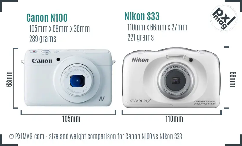 Canon N100 vs Nikon S33 size comparison