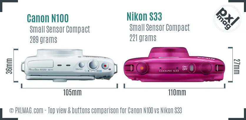 Canon N100 vs Nikon S33 top view buttons comparison