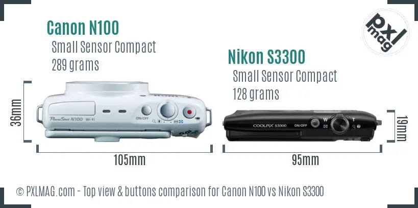 Canon N100 vs Nikon S3300 top view buttons comparison