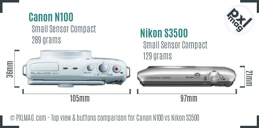 Canon N100 vs Nikon S3500 top view buttons comparison