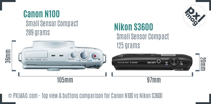 Canon N100 vs Nikon S3600 top view buttons comparison