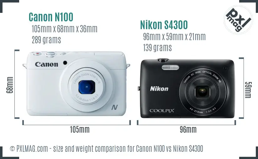 Canon N100 vs Nikon S4300 size comparison