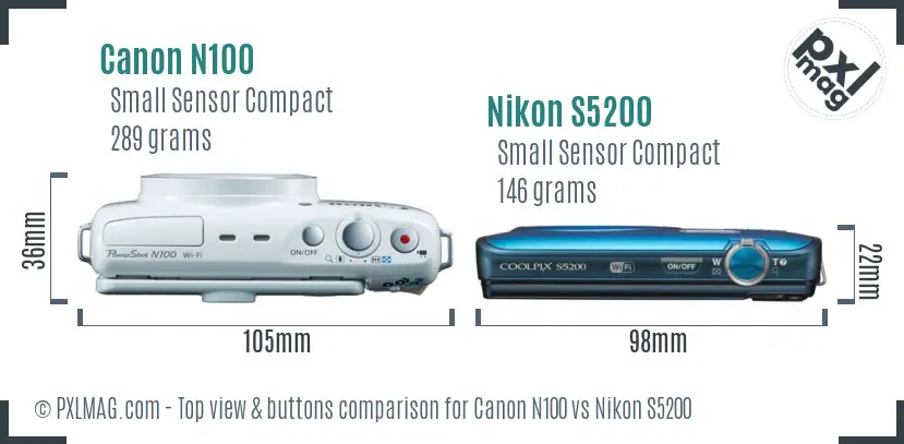 Canon N100 vs Nikon S5200 top view buttons comparison