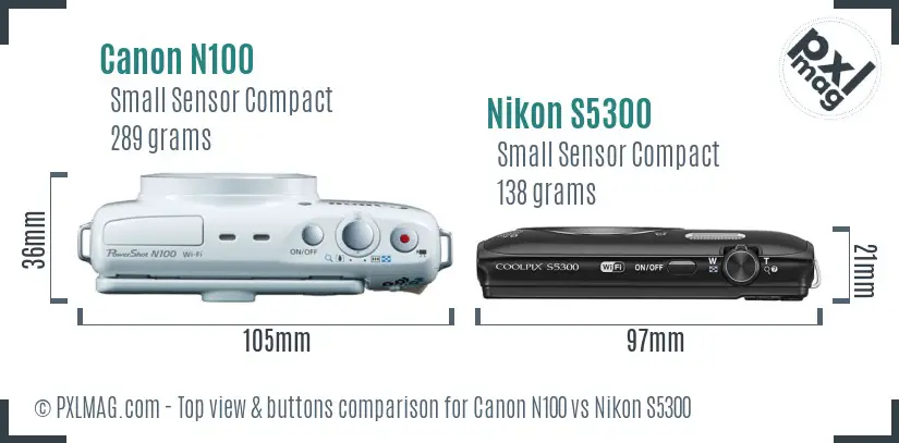 Canon N100 vs Nikon S5300 top view buttons comparison