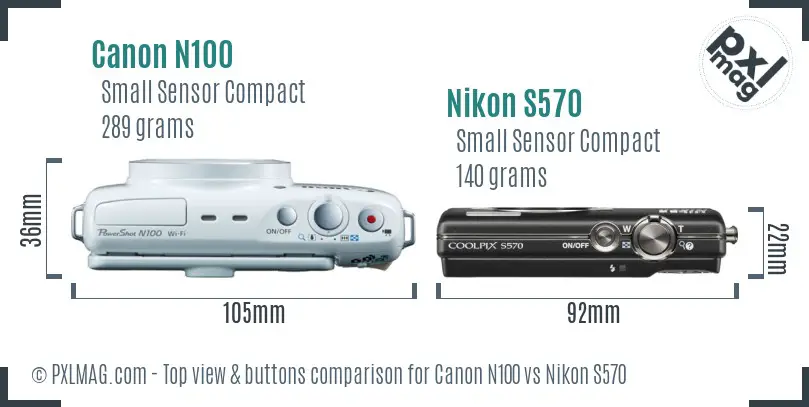 Canon N100 vs Nikon S570 top view buttons comparison