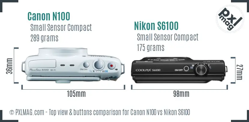Canon N100 vs Nikon S6100 top view buttons comparison Canon N100 vs Nikon S6100 top view buttons comparison