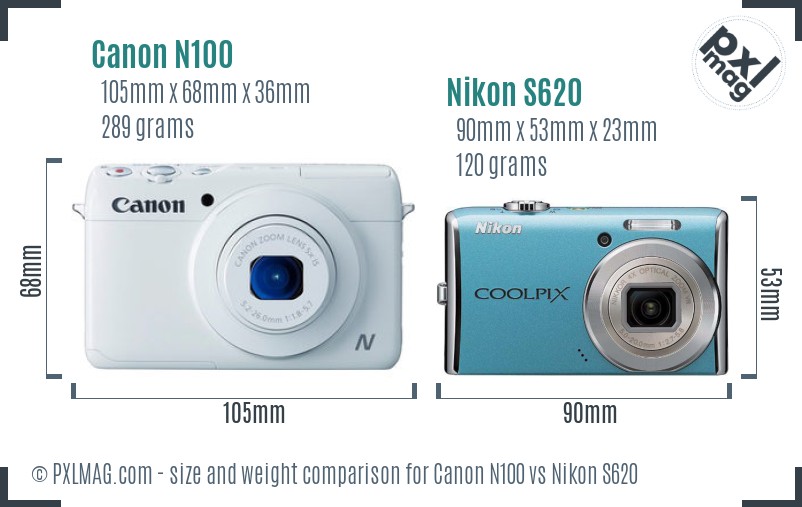 Canon N100 vs Nikon S620 size comparison