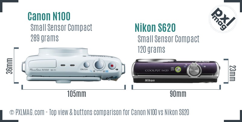 Canon N100 vs Nikon S620 top view buttons comparison