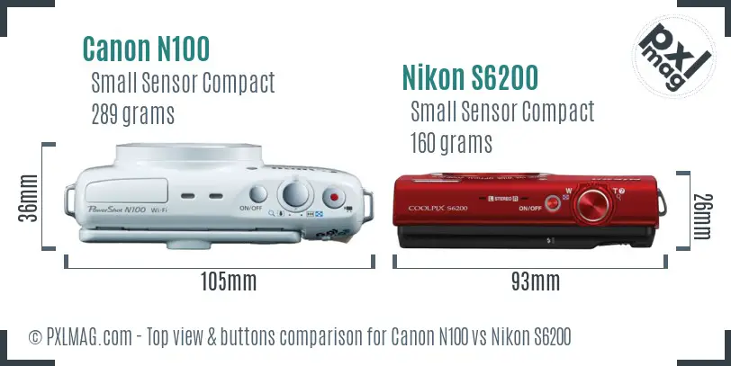 Canon N100 vs Nikon S6200 top view buttons comparison