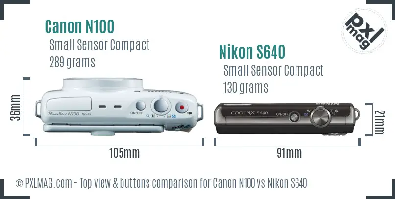 Canon N100 vs Nikon S640 top view buttons comparison