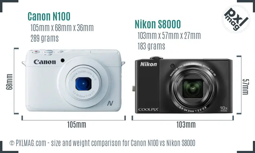 Canon N100 vs Nikon S8000 size comparison