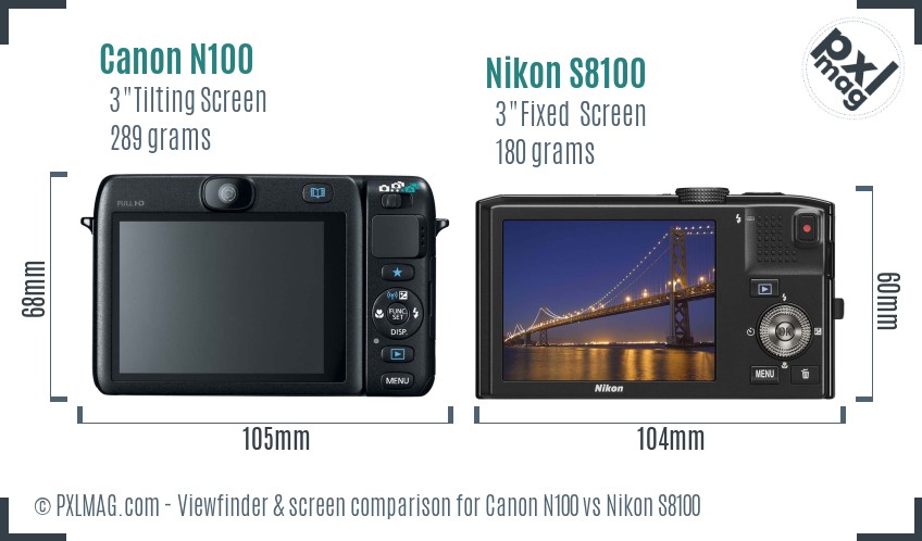 Canon N100 vs Nikon S8100 Screen and Viewfinder comparison