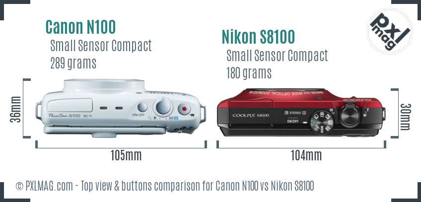 Canon N100 vs Nikon S8100 top view buttons comparison