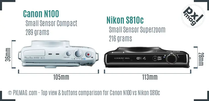 Canon N100 vs Nikon S810c top view buttons comparison Canon N100 vs Nikon S810c top view buttons comparison