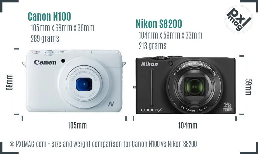 Canon N100 vs Nikon S8200 size comparison