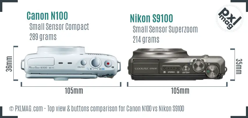 Canon N100 vs Nikon S9100 top view buttons comparison