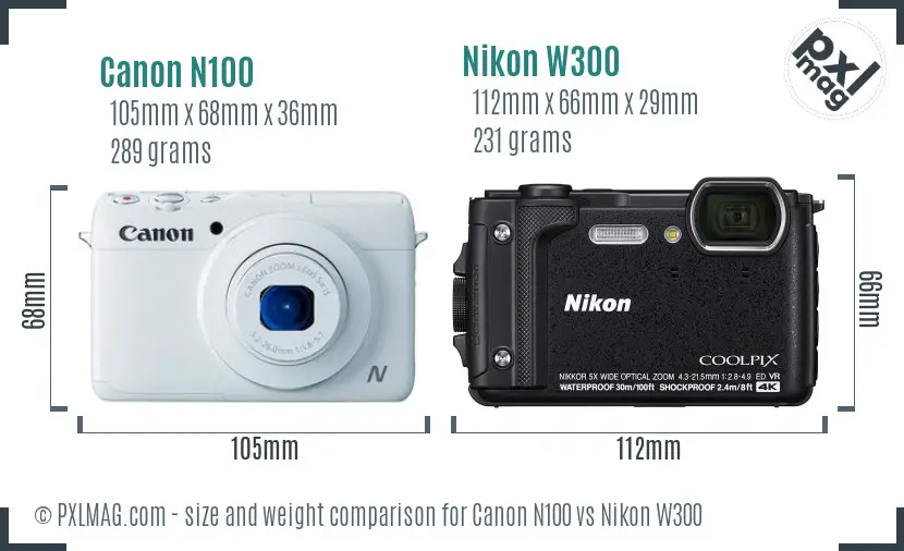 Canon N100 vs Nikon W300 size comparison