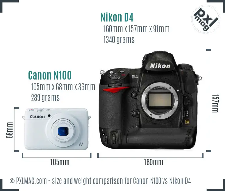 Canon N100 vs Nikon D4 size comparison