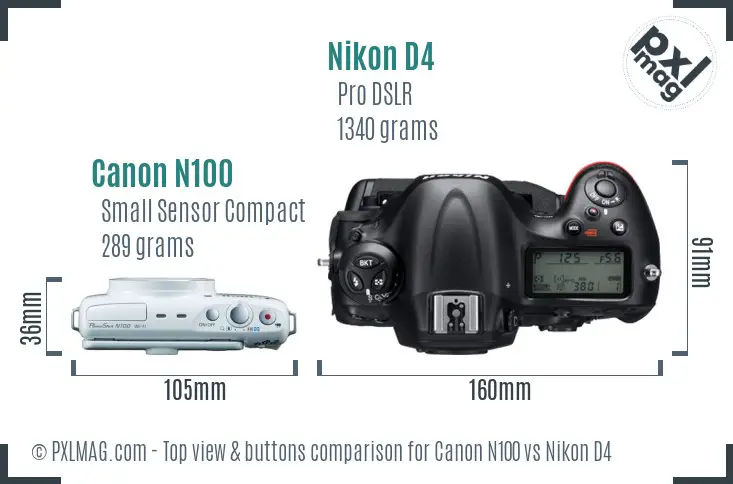 Canon N100 vs Nikon D4 top view buttons comparison