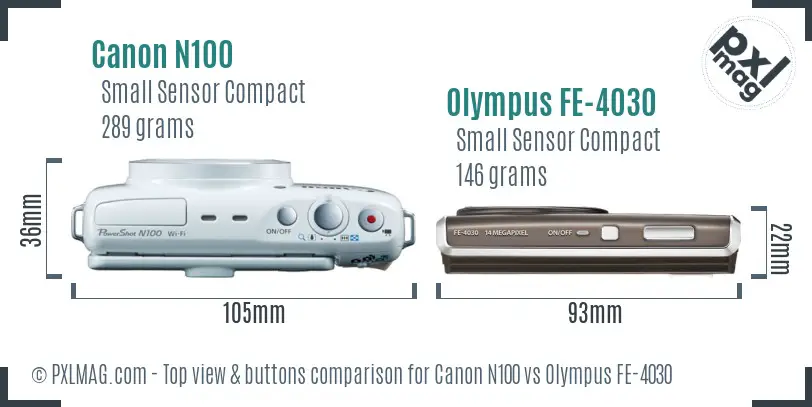 Canon N100 vs Olympus FE-4030 top view buttons comparison Canon N100 vs Olympus FE-4030 top view buttons comparison