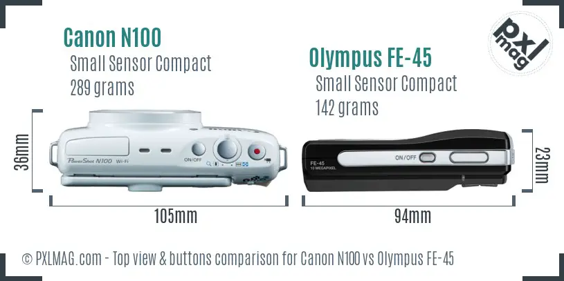 Canon N100 vs Olympus FE-45 top view buttons comparison Canon N100 vs Olympus FE-45 top view buttons comparison