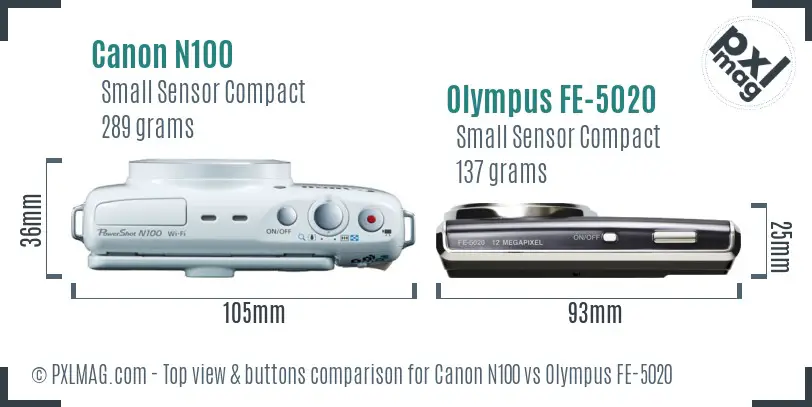 Canon N100 vs Olympus FE-5020 top view buttons comparison