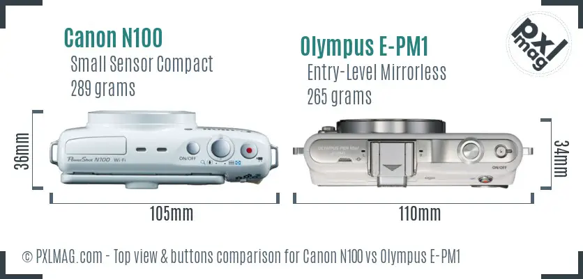 Canon N100 vs Olympus E-PM1 top view buttons comparison
