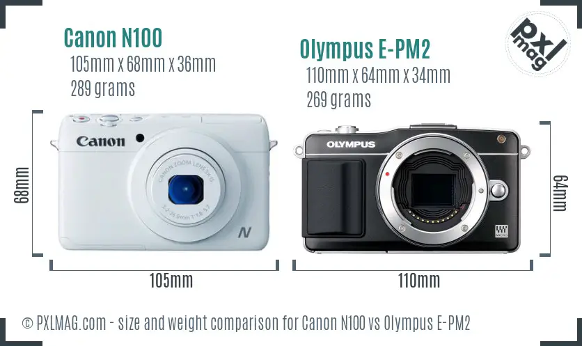 Canon N100 vs Olympus E-PM2 size comparison