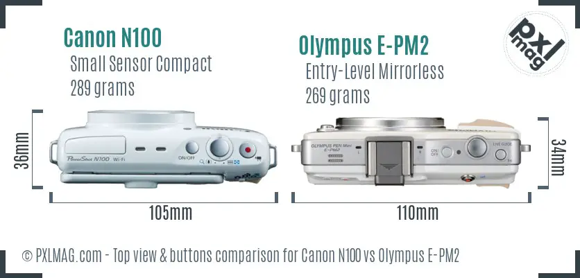 Canon N100 vs Olympus E-PM2 top view buttons comparison