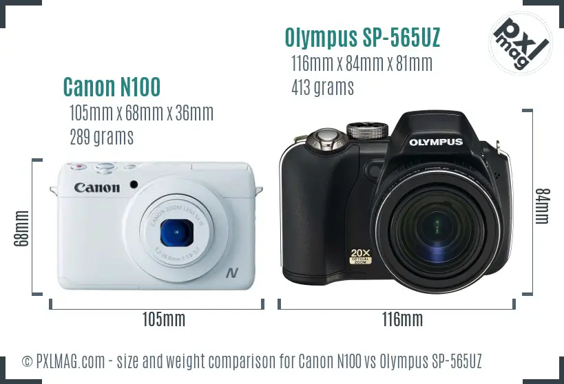 Canon N100 vs Olympus SP-565UZ size comparison