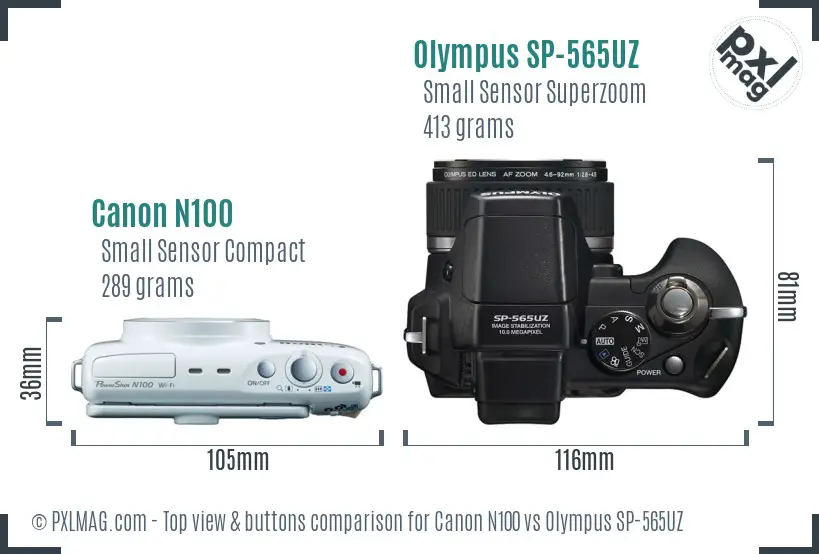 Canon N100 vs Olympus SP-565UZ top view buttons comparison