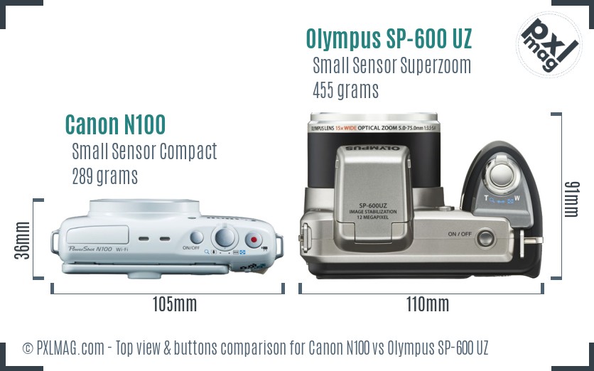 Canon N100 vs Olympus SP-600 UZ top view buttons comparison