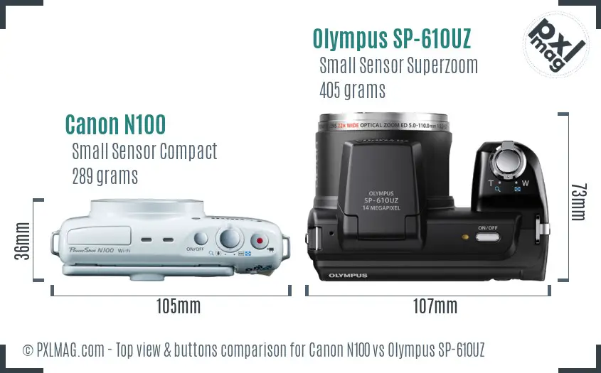 Canon N100 vs Olympus SP-610UZ top view buttons comparison