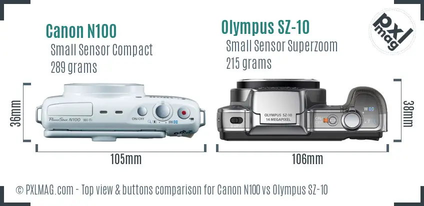 Canon N100 vs Olympus SZ-10 top view buttons comparison