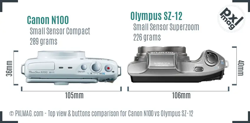 Canon N100 vs Olympus SZ-12 top view buttons comparison