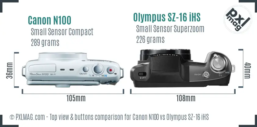 Canon N100 vs Olympus SZ-16 iHS top view buttons comparison