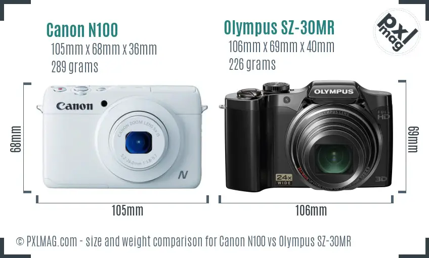 Canon N100 vs Olympus SZ-30MR size comparison