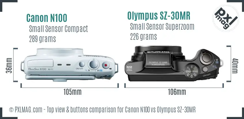 Canon N100 vs Olympus SZ-30MR top view buttons comparison