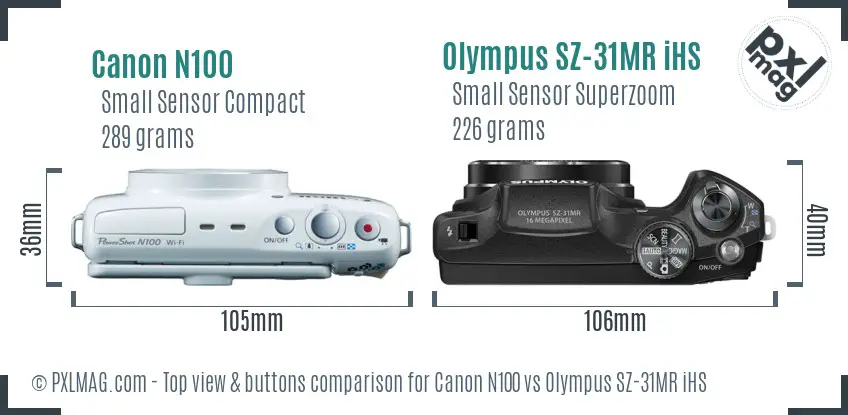 Canon N100 vs Olympus SZ-31MR iHS top view buttons comparison