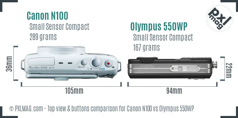 Canon N100 vs Olympus 550WP top view buttons comparison