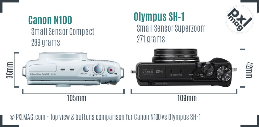 Canon N100 vs Olympus SH-1 top view buttons comparison