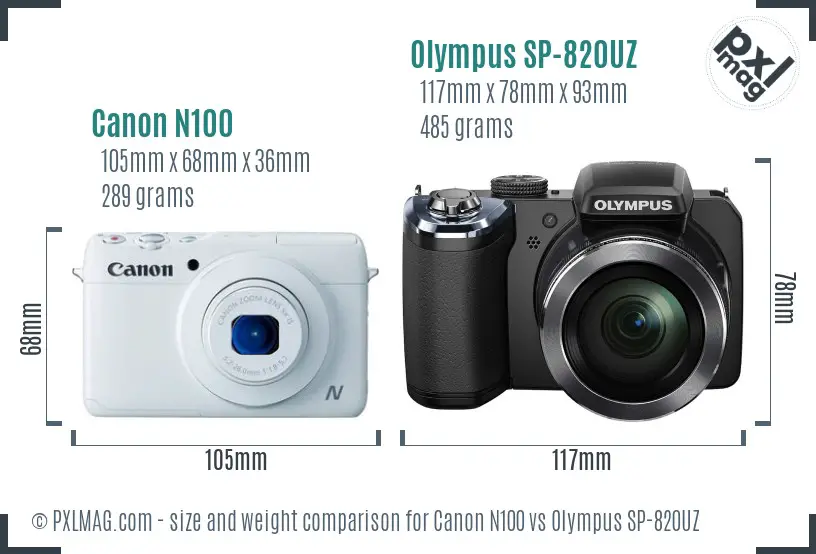 Canon N100 vs Olympus SP-820UZ size comparison Canon N100 vs Olympus SP-820UZ size comparison